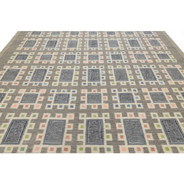 Handcrafted Modern Swedish Scandinavian Flatweave Area Rug Grey & Multi-Color For Sale In New York - Image 6 of 11