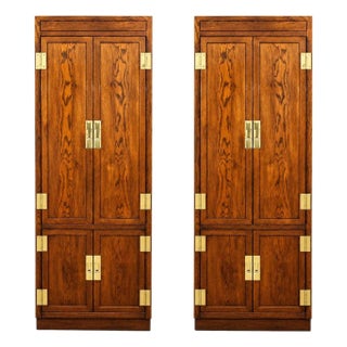 Vintage Henredon Tall Cabinets Campaign Style With Brass Accents, 2 Pieces, Attributed For Sale