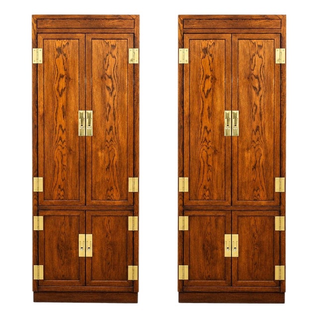 Vintage Henredon Tall Cabinets Campaign Style With Brass Accents, 2 Pieces, Attributed For Sale