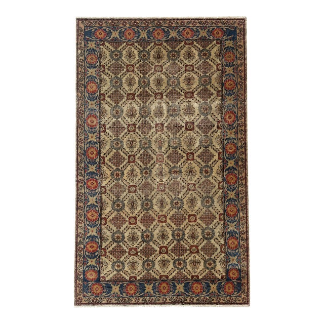 Antique Cappadocia Turkish Rug 4x7 – Diamond Floral Geometric Design in Red & Blue For Sale