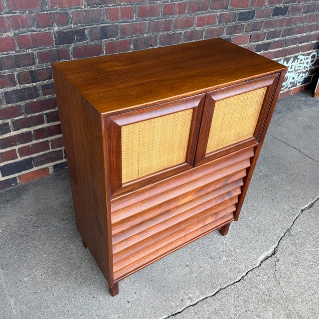 Mid 20th Century American of Martinsville Wonderwood Walnut & Cane Tall Chest Dresser For Sale - Image 5 of 12