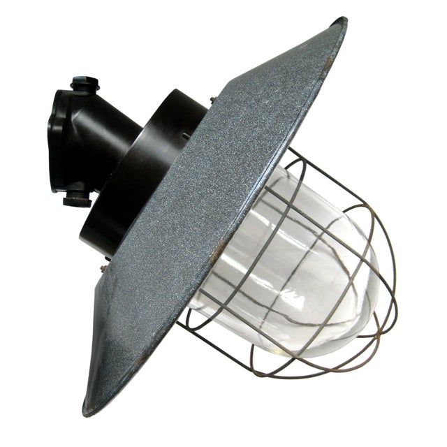 Vintage Industrial Bakelite Clear Glass Sconce in Grey Enamel For Sale - Image 5 of 5