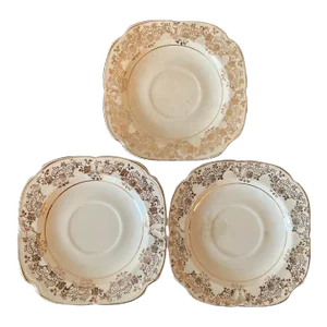 Vintage Tan and Floral Gold Porcelain Cocktail Drinks Coasters- Set of 3