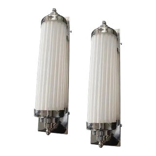 Vintage Art Deco Skyscraper Wall Sconces Fixture in Nickel Brass & Milk Glass - a Pair For Sale