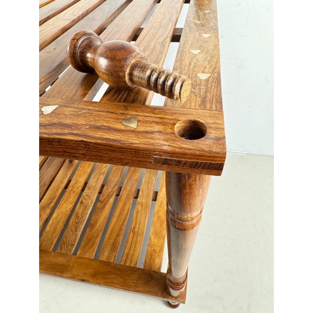 Late 20th Century Pair of 2 Tier Rack Style Tea Tables With Brass Floral Design Inlay For Sale - Image 9 of 11