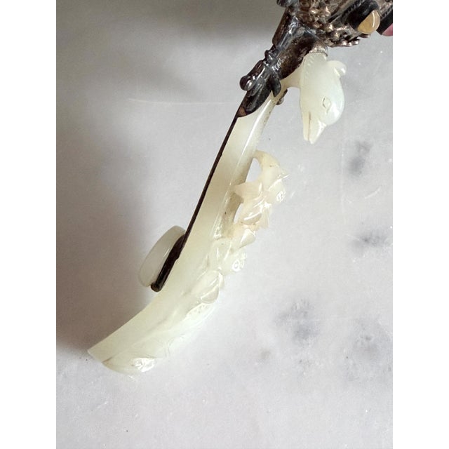 Chinese Antique 19th Century Chinese Carved Jade-Mounted and Bejeweled & Repoussé Silver Tone Metal Back Hand Mirror 7.3"x4" For Sale - Image 3 of 13