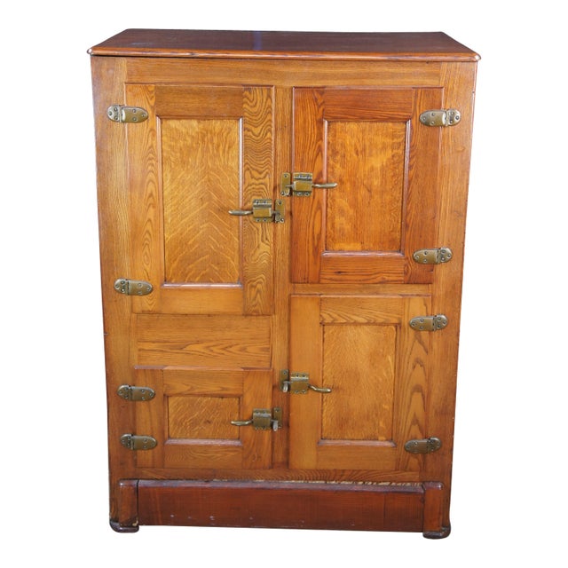 1910s Antique Quarterswan Oak Farmhouse Kitchen Ice Box Refrigerator Bar Cabinet For Sale