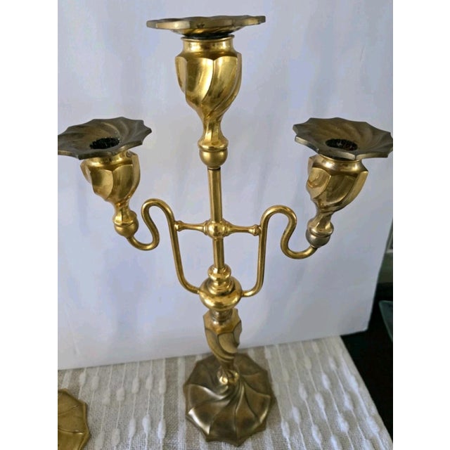 Two Vintage 3 Light Brass Metal churchAltar Candelabra Candlesticks 18" Decor For Sale - Image 12 of 12