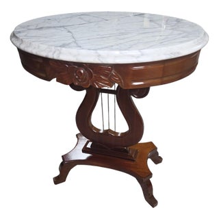 Vintage Neoclassical Lyre-Base Marble-Top Accent Table For Sale