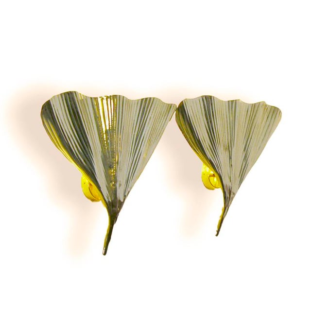Brass Ginkgo Leaf Wall Lamps, 1970s, Set of 2, in Very Good conditions. Designed 1970 to 1979 Up to 250V (Europe/UK...