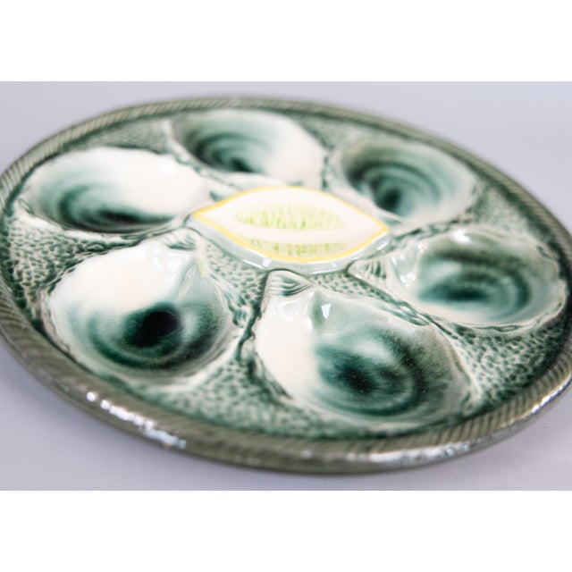 French Antique French Saint Clément Majolica Green & Yellow Lemon Wedge Oyster Plate For Sale - Image 3 of 5