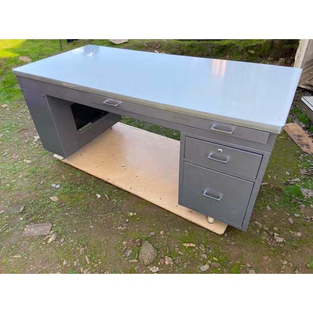 Light Gray Vintage Mid Century Modern Steel Tanker Desk Workbench For Sale - Image 8 of 12