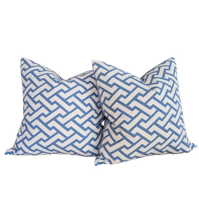 Traditional Quadrille Blue Aga Performance Outdoor Pillows - Set of 2 For Sale - Image 3 of 5