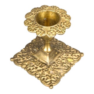 Antique French Solid Brass Repousse Floral Candlestick Holder For Sale