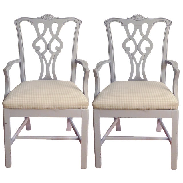 Lovely pair of Chippendale-style armchairs, freshly finished in a soft pale gray chalk paint and upholstered in classic...
