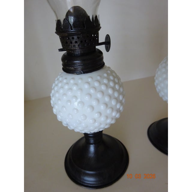 Mini White Milk Glass and oil rubbed bronze oil lamps with clear hurricane glass. Oil and wick required to light. Flame...