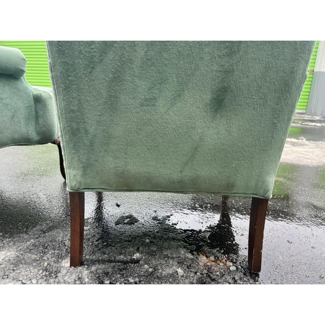 Wood Pair of Vintage Wingback Light Blue Velvet Chairs For Sale - Image 7 of 7