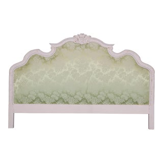 Sage Green Damask Upholstered Distressed White Painted King Size Headboard For Sale