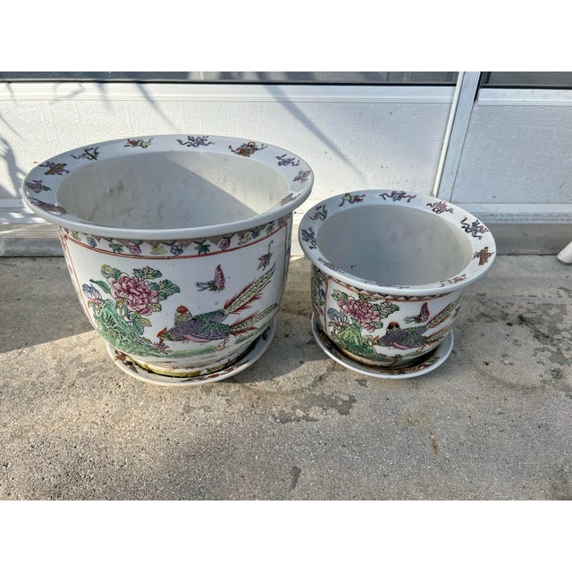 Vintage Chinese Famille Rose Porcelain Fishbowl Planters & Saucers - Pair For Sale - Image 4 of 10