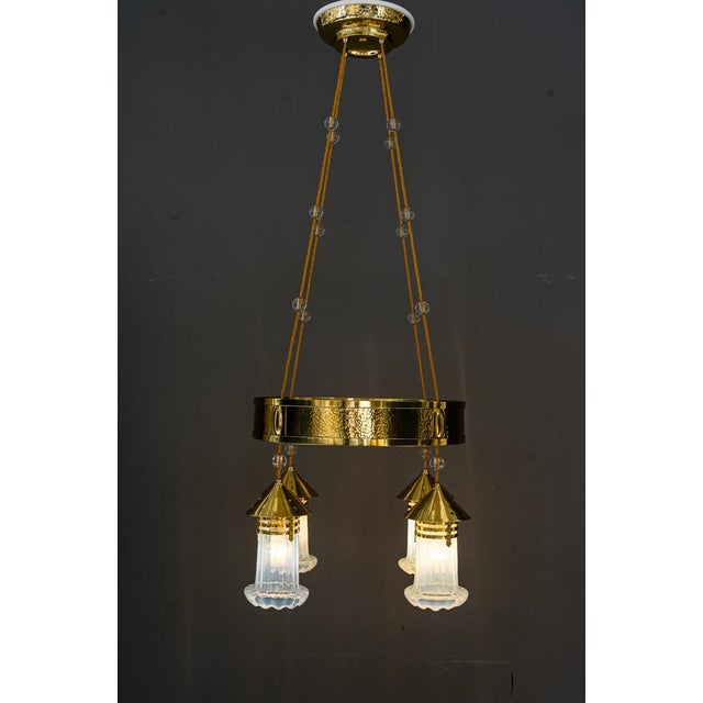 Art Deco Hammered Chandelier with Opaline Glass Shades, Vienna, 1920 For Sale - Image 4 of 18