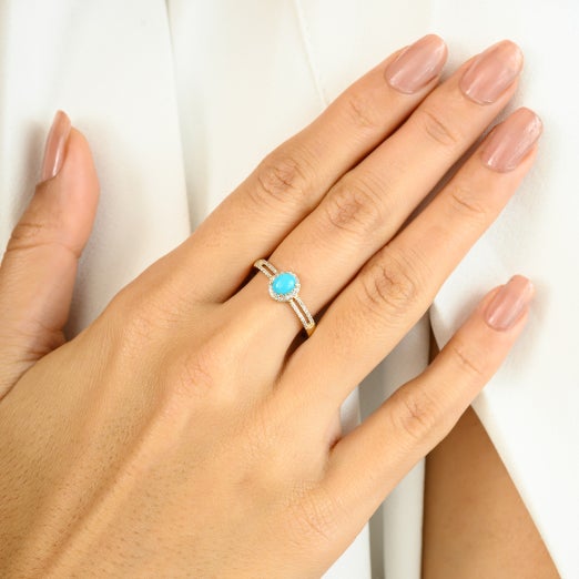 14k Yellow Gold Diamond Turquoise Women's Engagement Ring Size 6 For Sale In New York - Image 6 of 10