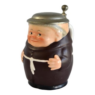 1950s Vintage Goebel Friar Tuck Beer Stein Porcelain Face Pewter Lid Western Germany For Sale