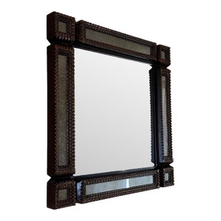 Currey & Company Tramp Art Handcrafted Wood Square Mirror Antiqued Border For Sale