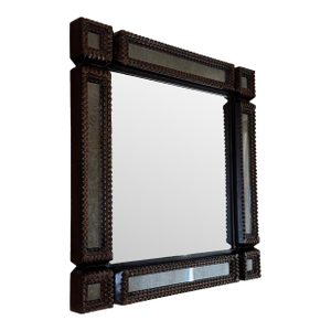 Currey & Company Tramp Art Handcrafted Wood Square Mirror Antiqued Border