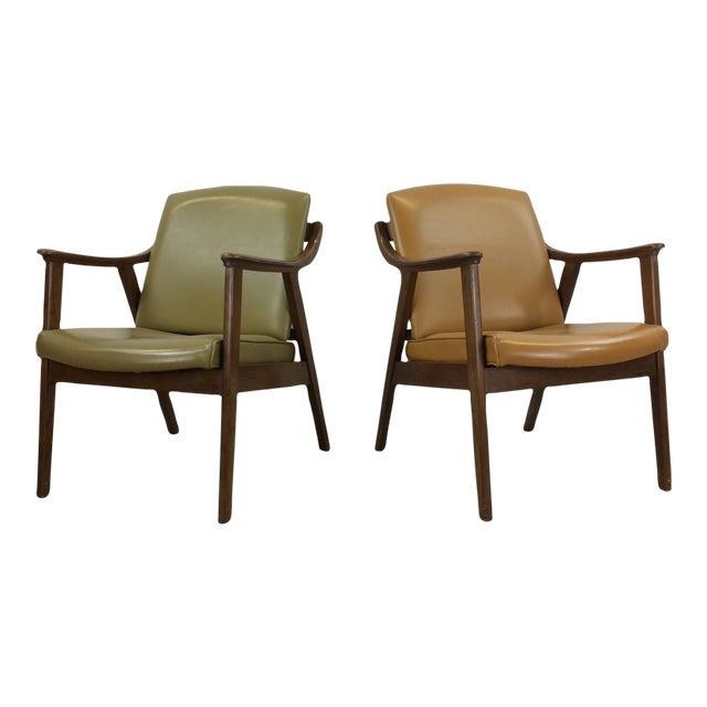 Pair of Mid Century Modern Green & Gold Vinyl Lounge Chairs With Walnut Frames For Sale