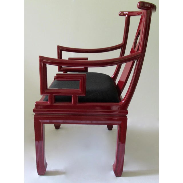Angelo Donghia C.1980's High Gloss Candy Apple Red Lacquered Asian Ming-Style Lounge Chair With "Greek Key" Scroll Arms With Donghia Textile For Sale - Image 4 of 18