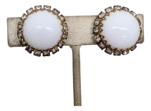 Vintage 1960s Signed Kramer Round White Cabochon Rhinestone Clip Earrings-2 Pieces