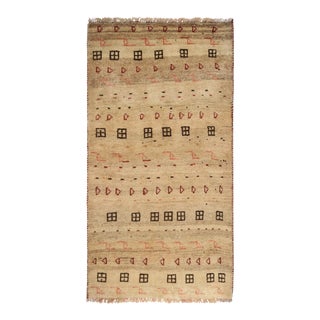 1950s Vintage Gabbeh Tribal Rug in Beige With Brown & Red Geometric Patterns For Sale