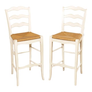 Ethan Allen French Country Style Pair Rush Seat Bar Stools For Sale