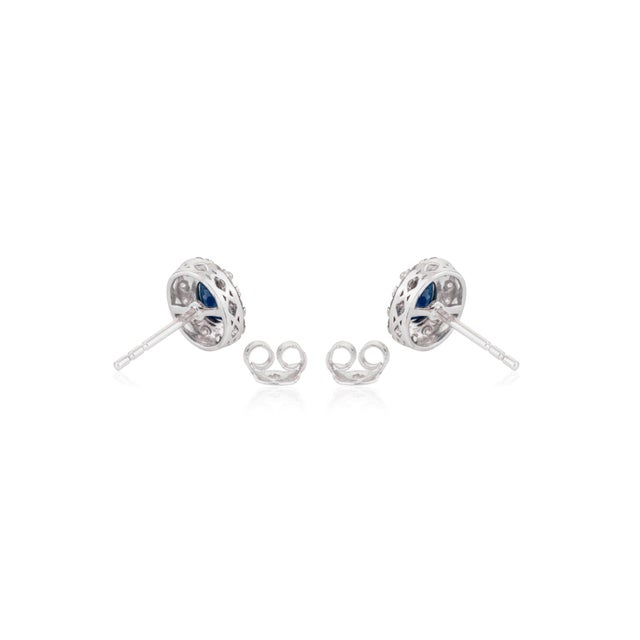 Ink Blue Classic Oval Blue Sapphire & Diamond Halo Stud Earrings in 14k Solid Gold- A Pair For Sale - Image 8 of 14