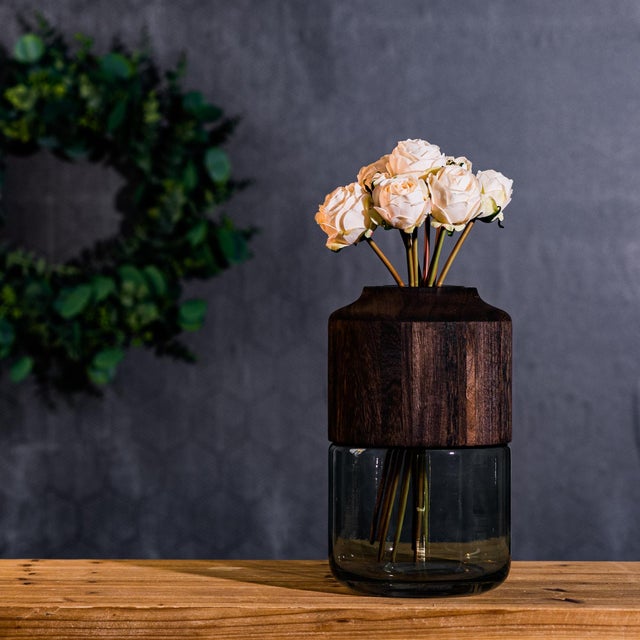 Modern Sage Glass Vase with Wood Accent 11"H For Sale - Image 3 of 4