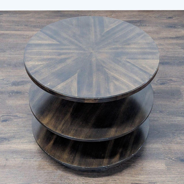 Art Deco style table with veneered shelves. Brand: Vanguard Furniture. Dimensions (in): 28W x 28D x 26H.