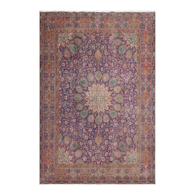 Art Nouveau 1990's Vintage Blue/Rust Wool Rug - 10'3'' X 12'7'' For Sale
