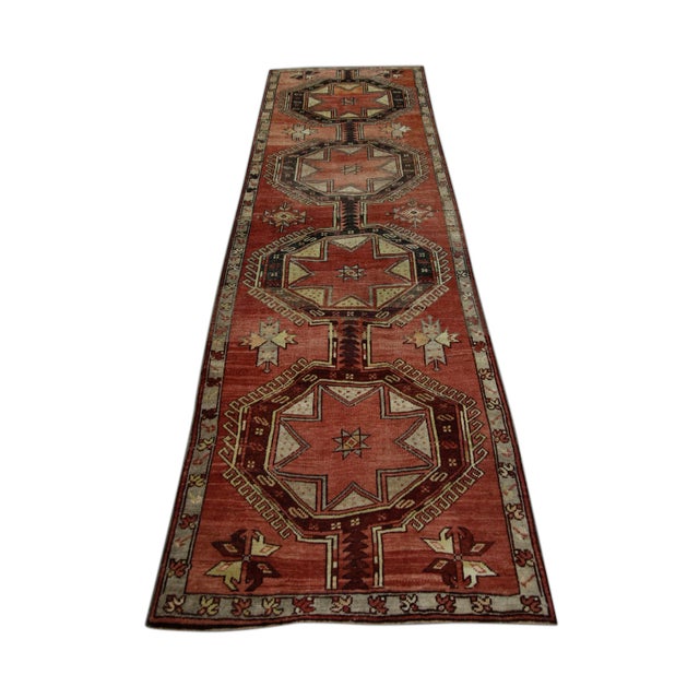 1960s 1960s Red Geometric Design Handwoven Wool Vintage Turkish Runner 3'3" X 10'11" For Sale - Image 5 of 6