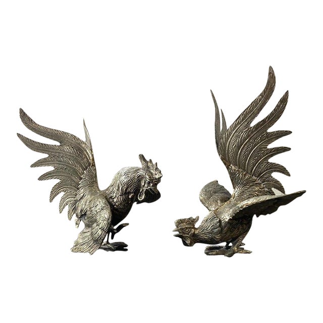 Set of 2 Vintage Silver Fighting Roosters For Sale