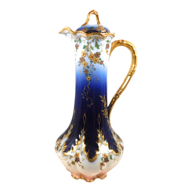 Early 1900s Charles Field Haviland and Gerard, Dufraisseix & Abbot Dark Blue Floral Chocolate Pot For Sale