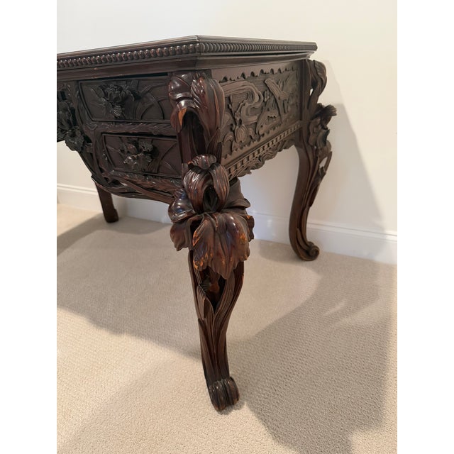 Art Nouveau Antique French Art Nouveau Hand-Carved Walnut Writing Desk With Iris & Dragonfly Motifs For Sale - Image 3 of 6