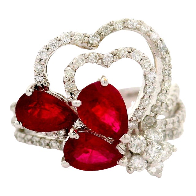 Ruby Diamond 18k White Gold Hearts and Flower Motif Ring, Size 7.25 For Sale
