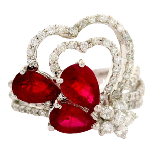 Ruby Diamond 18k White Gold Hearts and Flower Motif Ring, Size 7.25