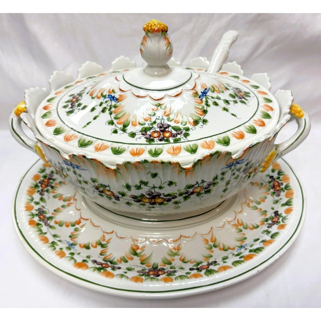 Shabby Chic Mid 20th Century Italian Lidded Soup Tureen With Saucer and Ladle For Sale - Image 3 of 12