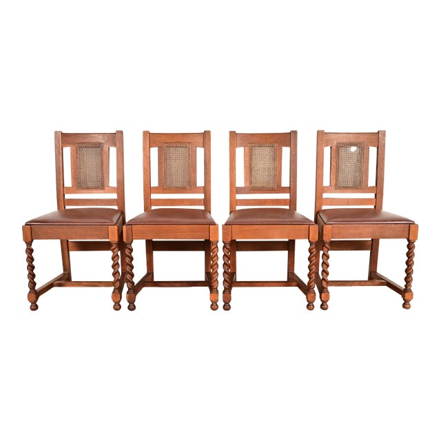 Stickley Brothers Antique Mission Oak and Cane Arts & Crafts Dining Chairs, Set of Four For Sale