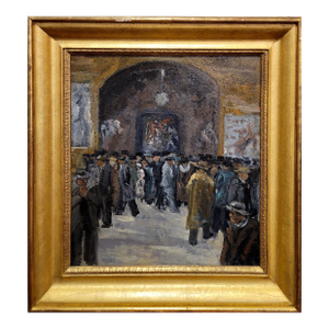 K. Nielsen - Crowd of People at an Art Show- 1940s Oil Painting