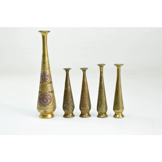 Set of Five Tall Engraved Brass Vases, Middle East, Early 20th Century For Sale - Image 9 of 13