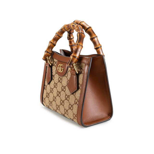Modern Gucci Diana Crystals Small Gg Canvas Camel Leather Bamboo Handle Tote Bag For Sale - Image 3 of 10