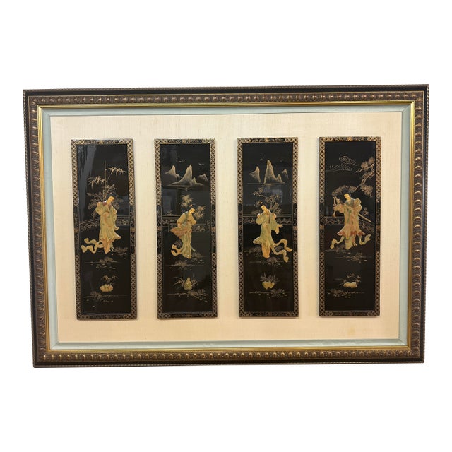 Mid Century Japanese Four Season Soapstone Panels Inset in Frame For Sale