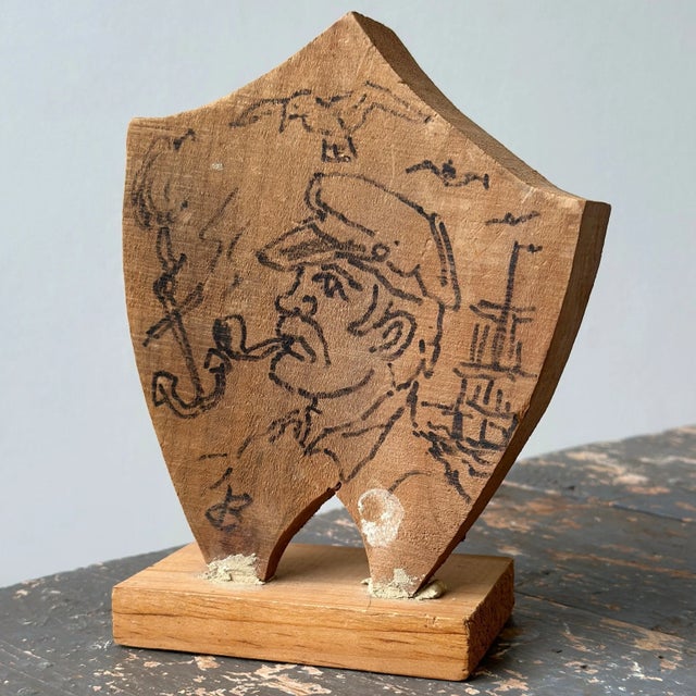 1970s Vintage Folk Art Pine Sculpture With Hand-Drawn Portrait of a Fisherman by David Broderick, Circa 1970s-80s For Sale - Image 5 of 9